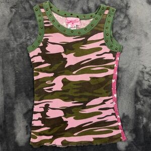 Priorities Thermal Tank Top Womens Large Pink Camo Stars Studded Waffle Knit